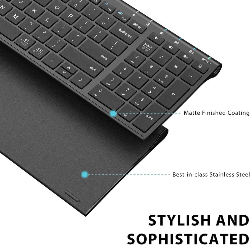 iClever Bluetooth Keyboard BK10- Universal Wireless & Rechargeable Ultra-Slim with Number Pad, Ergonomic Design, Compact Size, Stable Connection for Windows, iOS, Android - Black - Image 3