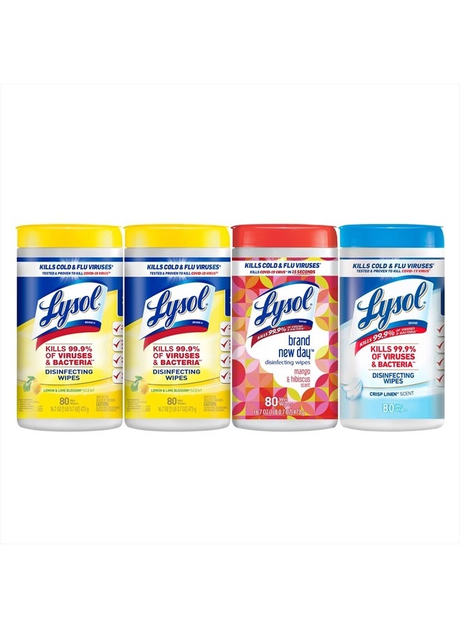 Lysol حزمة مناديل مطهرة، مناديل تنظيف مضادة للبكتيريا متعددة الأسطح، تحتوي على x2 ليمون وزهر الليمون، قماش نقي، مانجو وهايبسكس، 80 قطعة (عبوة من 4) - Image 1