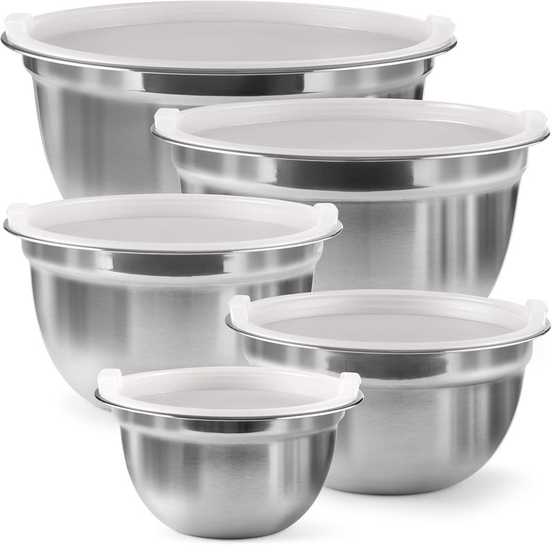 FINEDINE Stainless Steel Mixing Bowls Set with Lids, Home Kitchen Cooking Essentials Household Must Haves for Baking, 5 Pieces - Image 1