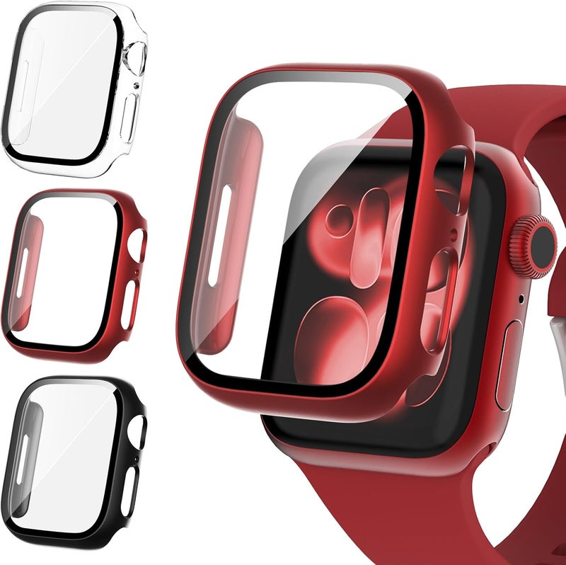 FULLIFE 3 Pack Screen Protector 40mm Compatible for Apple Watch Series 6/5/4/SE(2024-2020) with 9H Tempered Glass,Overall Shockproof Cover Protective Case for iWatch 40mm(Black/Red/Transparent) - Image 1