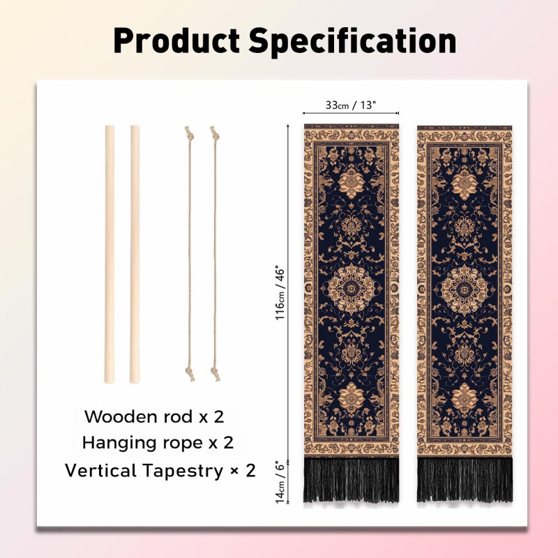 PLIGREAT 2 Pack Retro Wall Hangings, Boho Floral Tapestry with Tassels Vertical Aesthetic Wall Tapestry for Bedroom Living Room Home Decor Long Narrow Art Tapestries, 52" x 13" - Image 2