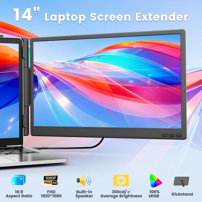 domyfan دوميفان 14" موسع شاشة اللابتوب، شاشة محمولة فائقة النحافة FHD 1080P IPS مزدوجة لموسعات اللابتوب من 13-17"، توصيل وتشغيل مع HDMI/USB-A/Type-C، متوافق مع ويندوز، ماك، أندرويد - Image 2