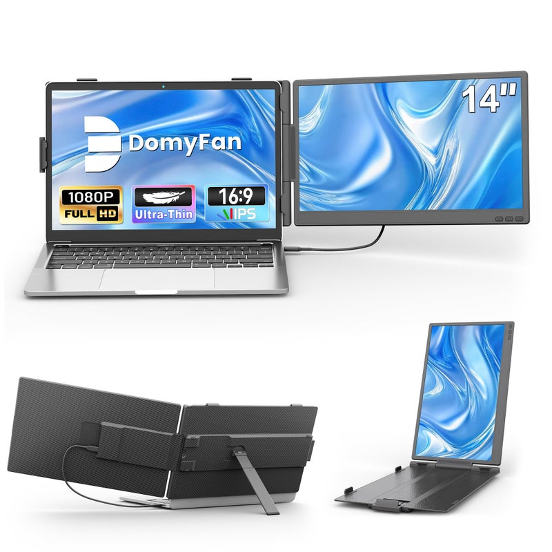 domyfan دوميفان 14" موسع شاشة اللابتوب، شاشة محمولة فائقة النحافة FHD 1080P IPS مزدوجة لموسعات اللابتوب من 13-17"، توصيل وتشغيل مع HDMI/USB-A/Type-C، متوافق مع ويندوز، ماك، أندرويد - Image 1