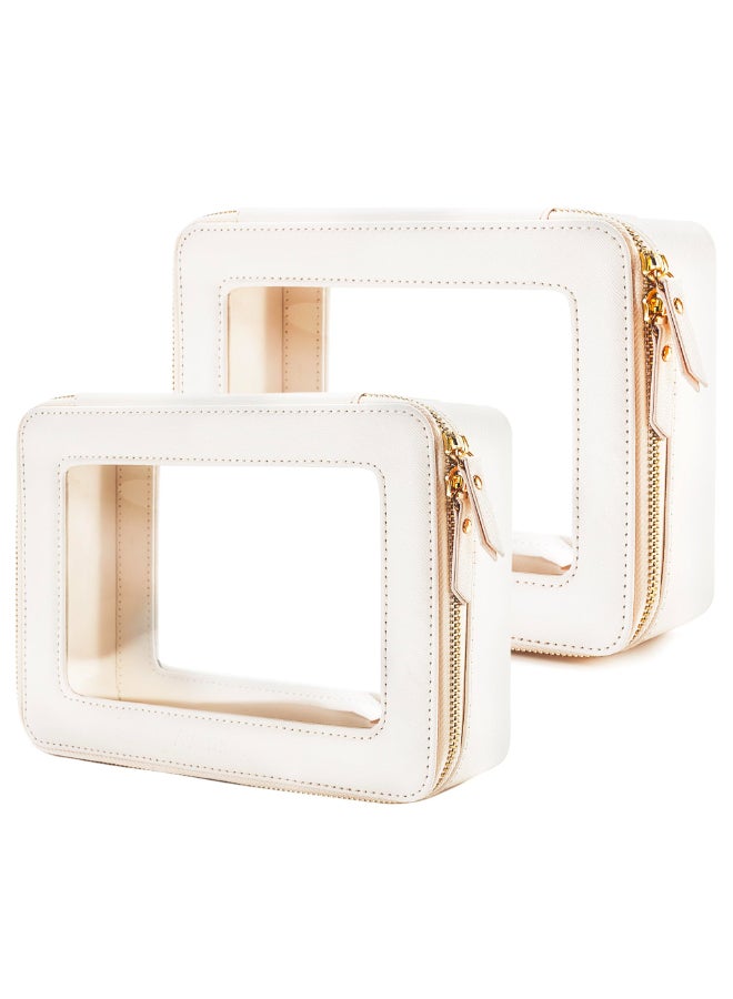 Aveniee Clear Makeup Bag Organizer SetPortable Travel Toiletry Case for Women Vegan Leather Cosmetic Pouch Car Bag for Essentials 2pcsMiddle LargeBeige - Image 2
