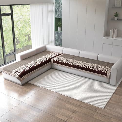 Nendle Superior Velvet Floral Sofa Mat 6 Seater Set Cover Durable Protector for Living Room Sofa Set 3+3, Suitable for L Shape, Sectional and U Shape Sofa (Brown, Pack of 2) - Image 1