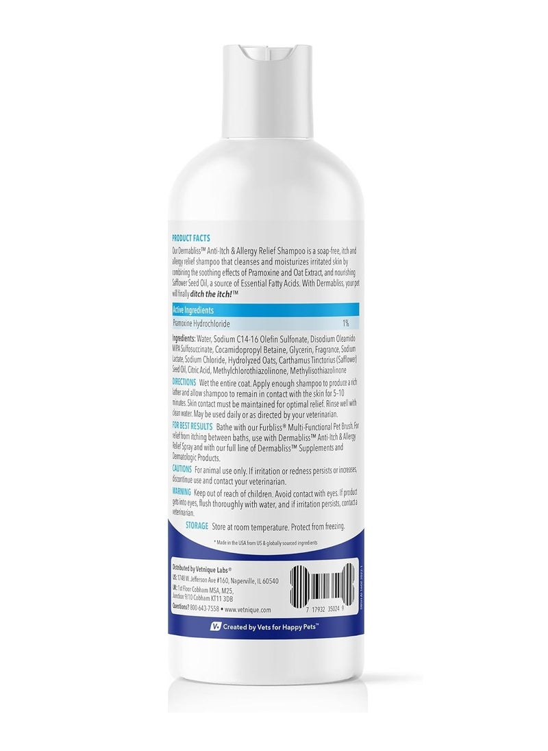 Vetnique - Dermabliss Anti Itch and Allergy Relief Medicated Dog Shampoo for Allergies and Itching with 1 percent Pramoxine HCL Safflower Seed Oil and Oat Extract for Dogs and Cats - Image 1