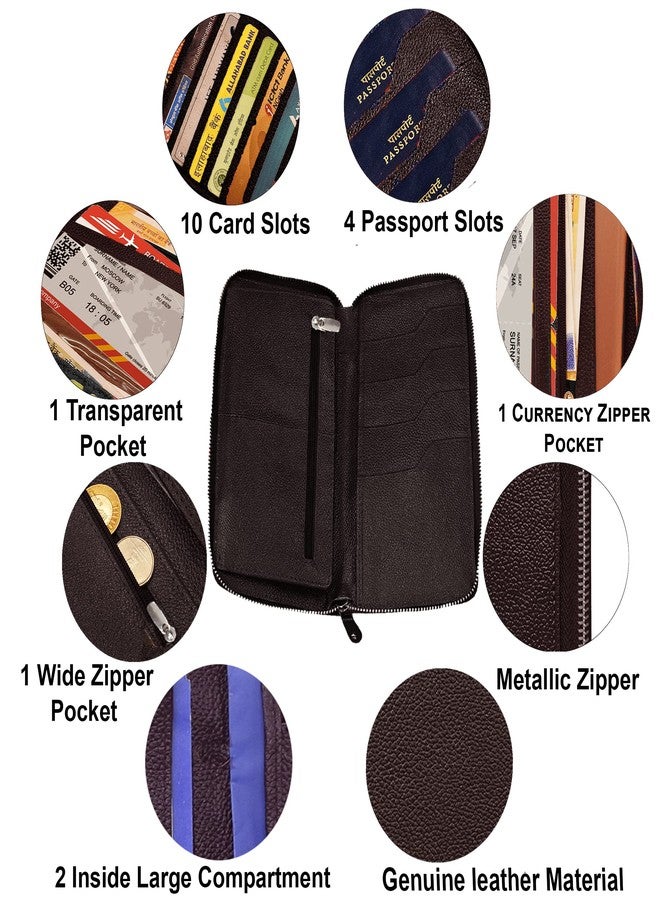 ABYS محفظة جواز سفر للجنسين من الجلد الطبيعي من ABYS، لون بني قهوة، محفظة طويلة مزودة بتقنية RFID لحفظ وثائق السفر للرجال، جيب بسحاب لـ 10 بطاقات و4 فتحات لجواز السفر للنساء - Image 4