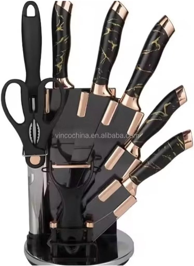 Disine Regina 9-Piece Marble Pattern Handle Kitchen Knife Set – Premium Stainless Steel (Black with transparent)  - Image 1