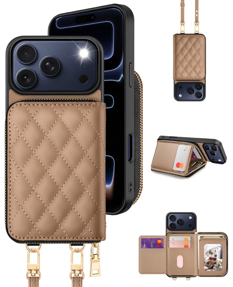 OCASE Compatible with iPhone 17 Pro Crossbody Wallet Case with Card Holder, PU Leather Zipper Handbag Phone Purse with RFID Blocking Kickstand Wrist Strap Lanyard 6.3 Inch, Diamond Check Khaki - Image 1