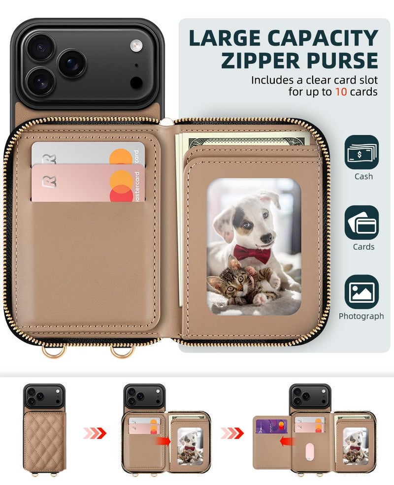 OCASE Compatible with iPhone 17 Pro Crossbody Wallet Case with Card Holder, PU Leather Zipper Handbag Phone Purse with RFID Blocking Kickstand Wrist Strap Lanyard 6.3 Inch, Diamond Check Khaki - Image 3