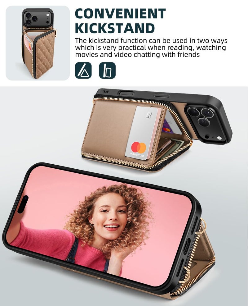 OCASE Compatible with iPhone 17 Pro Crossbody Wallet Case with Card Holder, PU Leather Zipper Handbag Phone Purse with RFID Blocking Kickstand Wrist Strap Lanyard 6.3 Inch, Diamond Check Khaki - Image 5