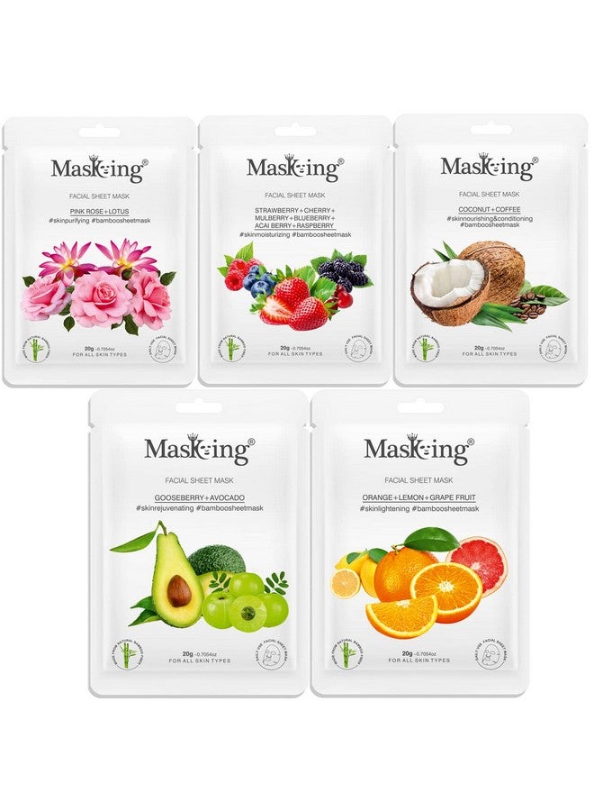 MasKing Bamboo Facial Sheet Mask of Pink Rose, Strawberry, Coffee, Gooseberry & Orange Ideal for Women & Men, 100ml (Combo Pack of 5) - Image 1