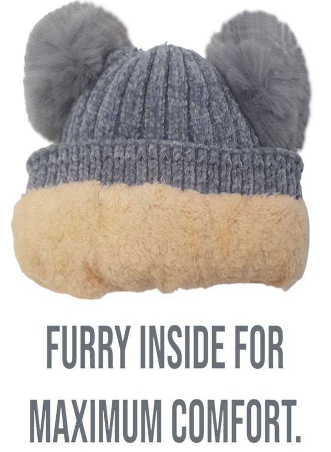 C Classic Kids Woolen Beanie Pom Pom Baby Boys and Girls (4 to 10 Years) Pack of 2 Grey - Image 2
