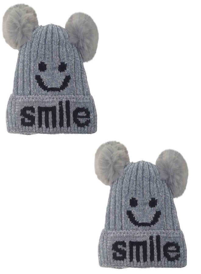 C Classic Kids Woolen Beanie Pom Pom Baby Boys and Girls (4 to 10 Years) Pack of 2 Grey - Image 1