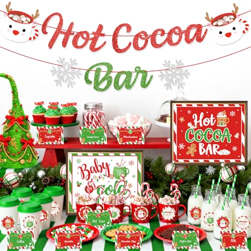 RSCPTOY Winter Hot Cocoa Bar Banner Kit Christmas Snowflake Hot Chocolate Bar Decor Christmas Santa Coffee Mug Baby Its Cold Outside Signs Toppings Labels Cup Tags Stickers for Birthday Baby Shower New Year - Image 1
