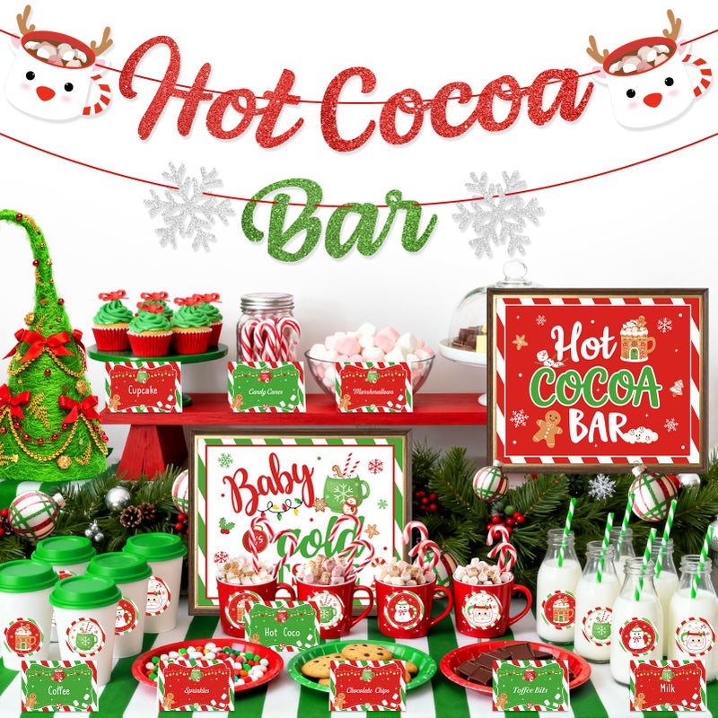 RSCPTOY Winter Hot Cocoa Bar Banner Kit Christmas Snowflake Hot Chocolate Bar Decor Christmas Santa Coffee Mug Baby Its Cold Outside Signs Toppings Labels Cup Tags Stickers for Birthday Baby Shower New Year - Image 3