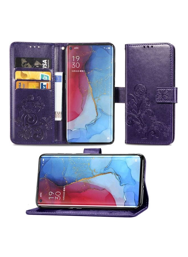 HuHa Case Cover For OPPO Reno 3 Pro /Find X2 neo Four-leaf Clasp Embossed Buckle Mobile Phone Protection Leather Case with Lanyard & Card Slot & Wallet & Bracket Function Purple 