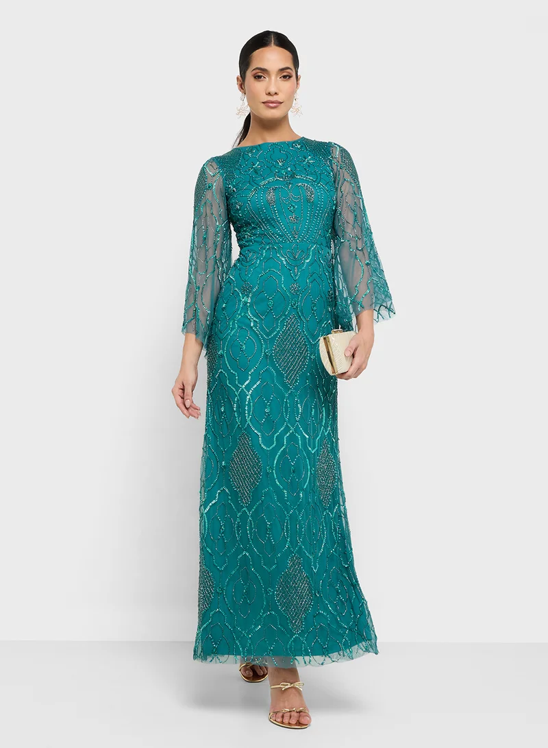 Amelia Rose Flared Sleeve Embellished Maxi Dress