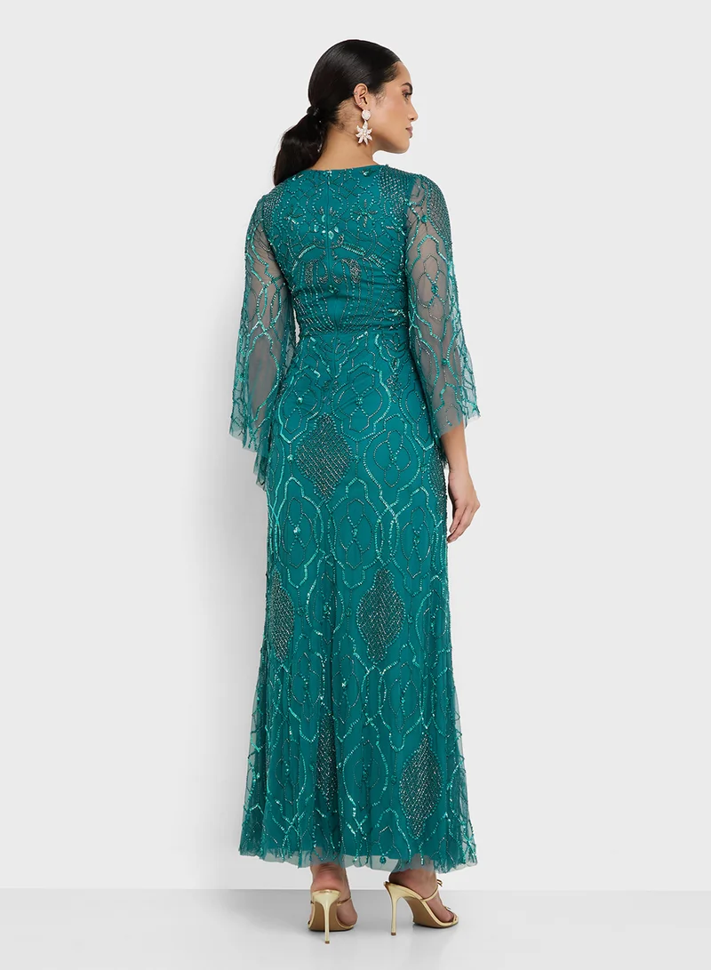Amelia Rose Flared Sleeve Embellished Maxi Dress
