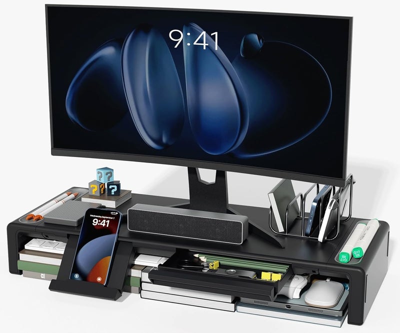 oimaster Monitor Stand Riser, Foldable Computer Monitor Riser, Adjustable Length Computer Stand and Storage Drawer & Pen Slot, Phone Stand Compatible Computer, Desktop, Laptop, Save Space (Black) - Image 1