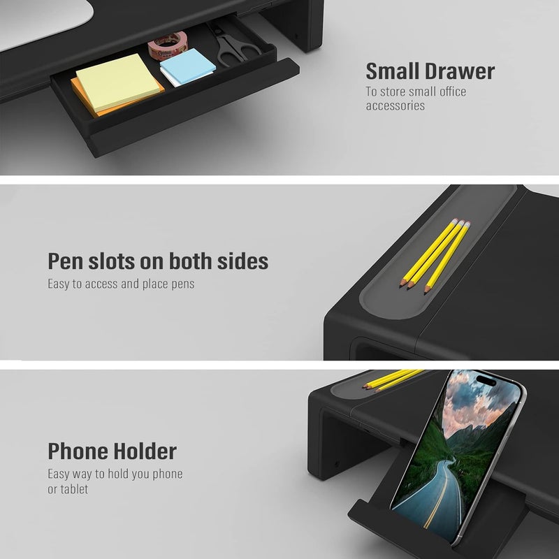 oimaster Monitor Stand Riser, Foldable Computer Monitor Riser, Adjustable Length Computer Stand and Storage Drawer & Pen Slot, Phone Stand Compatible Computer, Desktop, Laptop, Save Space (Black) - Image 3