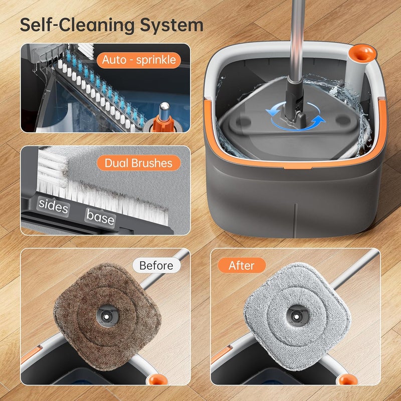 KZKR Spin Square Mop M16 Square Spin Mop and Bucket Set, with Dirty/Clean Water Separation System, Self Rotating Mop-Head for Hardwood Tile Marble Floors (2 Pads) - Image 3