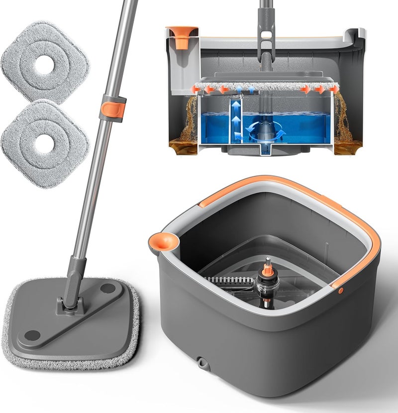 KZKR Spin Square Mop M16 Square Spin Mop and Bucket Set, with Dirty/Clean Water Separation System, Self Rotating Mop-Head for Hardwood Tile Marble Floors (2 Pads) - Image 1