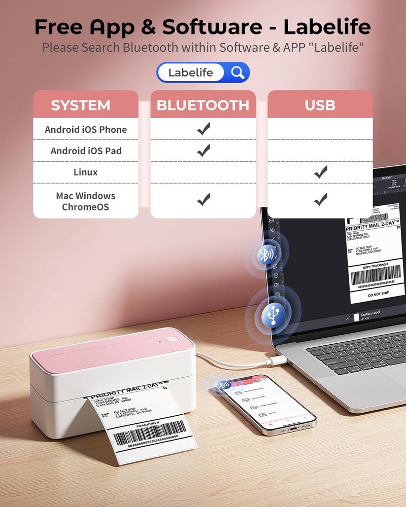 Phomemo Bluetooth Thermal Label Printer 241BT - 4X6 Wireless Shipping Label Maker in Pink - Image 2