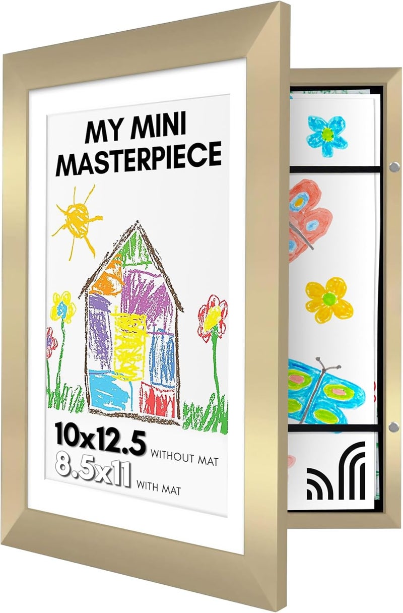 Americanflat Kids Artwork Frame Changeable Gold Magnetic Door Holds 100 Art Pieces 85x11 Letter Size Display with Mat or 10x125 Without Mat My Mini Masterpiece - Image 1