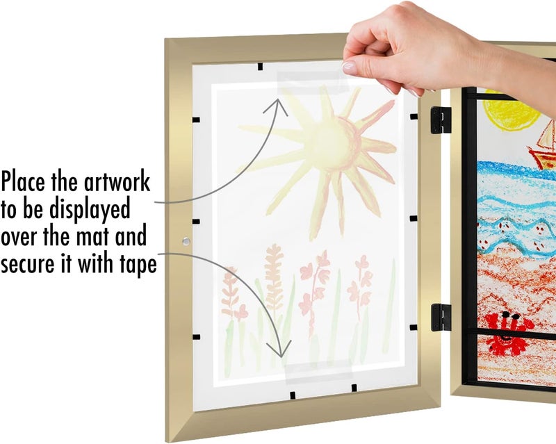 Americanflat Kids Artwork Frame Changeable Gold Magnetic Door Holds 100 Art Pieces 85x11 Letter Size Display with Mat or 10x125 Without Mat My Mini Masterpiece - Image 3