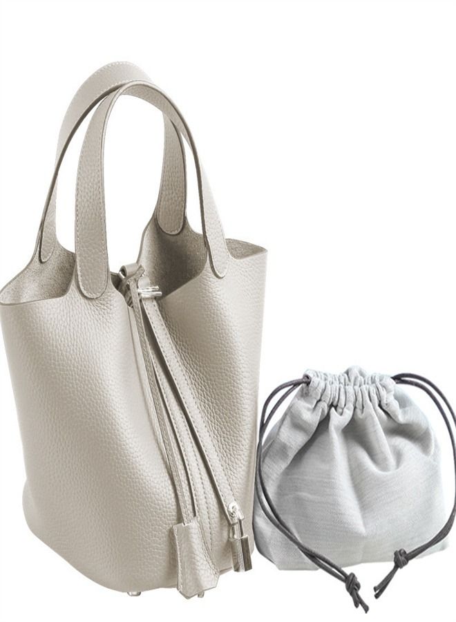 Loquat Litchi Grain Top Layer Cow Skin Bucket Bag White  - Image 1