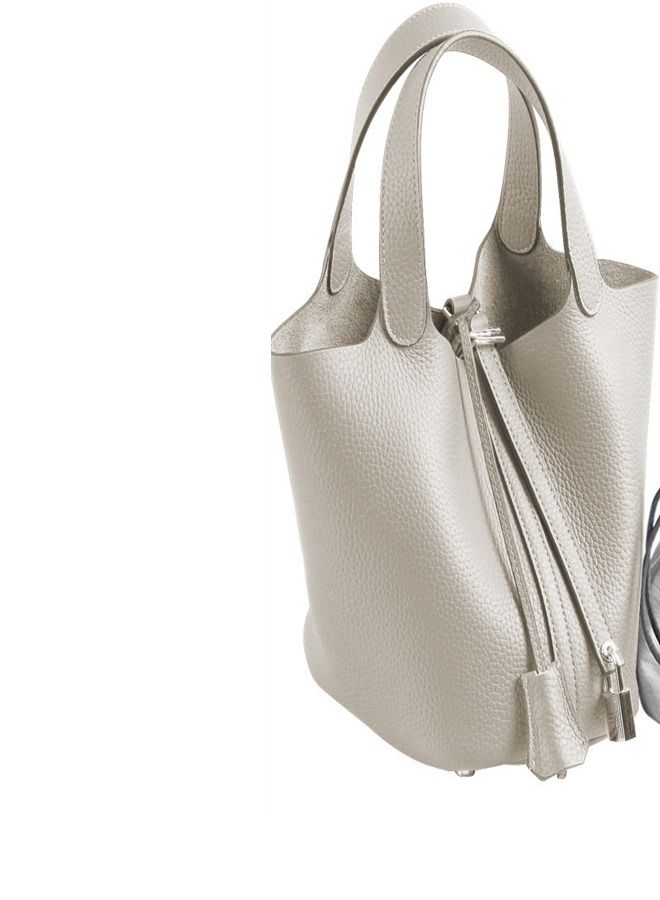 Loquat Litchi Grain Top Layer Cow Skin Bucket Bag White  - Image 2