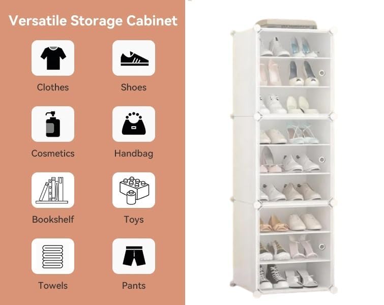 KRISHYAM® Portable Shoe Rack Organizer, Plastic Cube Storage 18 Pair Tower 9 Shelves Shoe Storage Cabinet Stand,Modular Cabinet for Hallway Bedroom Closet Entryway (9 Shelves-3 Door (White)) - Image 4