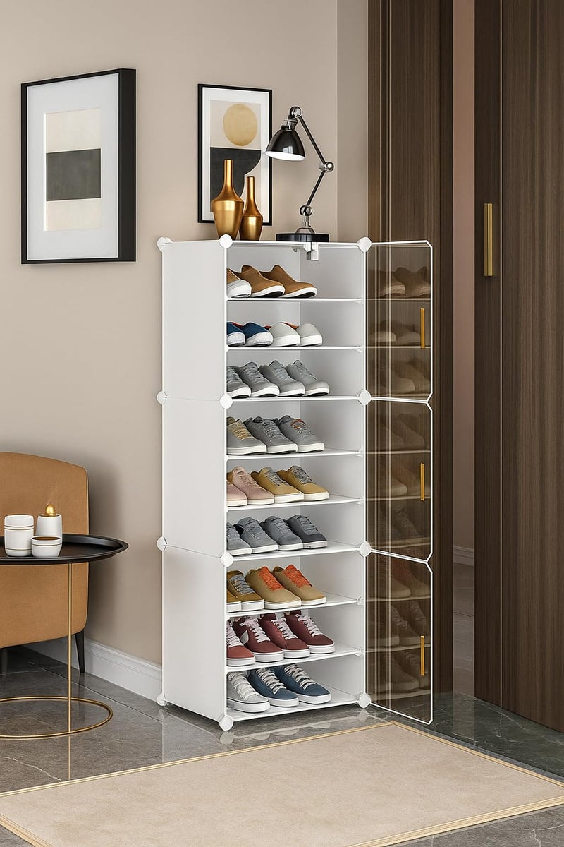 KRISHYAM® Portable Shoe Rack Organizer, Plastic Cube Storage 18 Pair Tower 9 Shelves Shoe Storage Cabinet Stand,Modular Cabinet for Hallway Bedroom Closet Entryway (9 Shelves-3 Door (White)) - Image 1