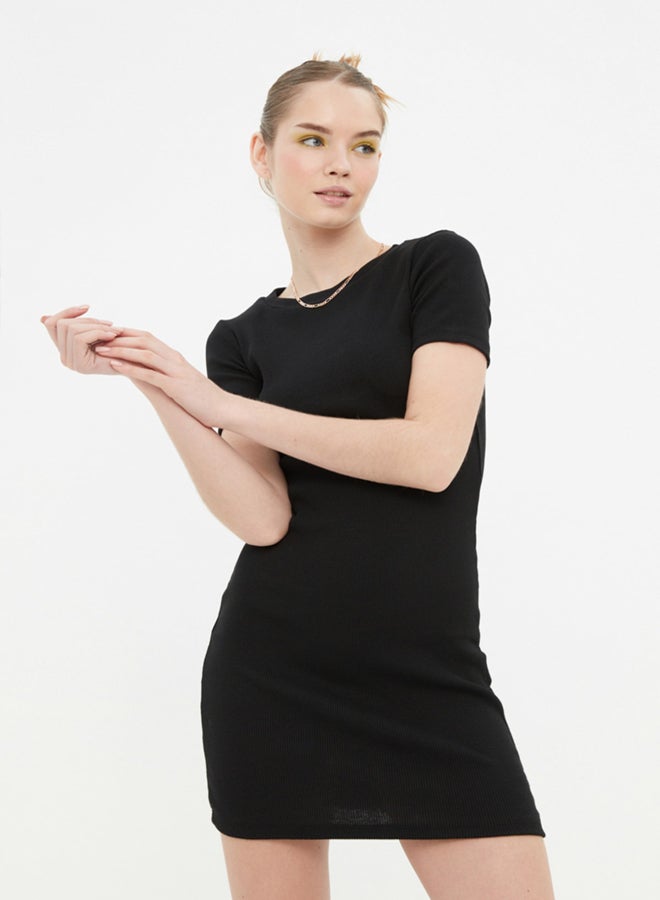 trendyol Black Fitted Mini Crew Neck Ribbed Flexible Knitted Pencil Dress TWOSS19AD0053 - Image 2