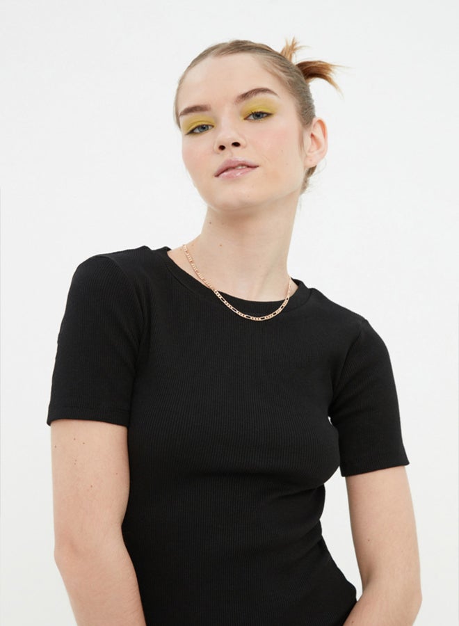 trendyol Black Fitted Mini Crew Neck Ribbed Flexible Knitted Pencil Dress TWOSS19AD0053 - Image 3