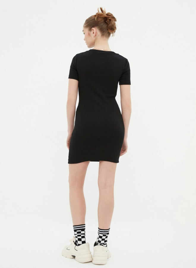 trendyol Black Fitted Mini Crew Neck Ribbed Flexible Knitted Pencil Dress TWOSS19AD0053 - Image 5