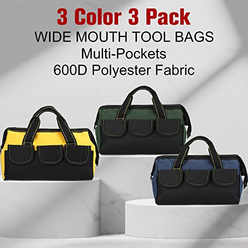 Sanwuta 3 Pack Tool Bag for Men with Waterproof Hard Bottom Heavy Duty Tool Bag Wide Mouth Tote for Various Instrument Electrician Carpenter MechanicBlue Yellow Army Green13 InchClassic - Image 3