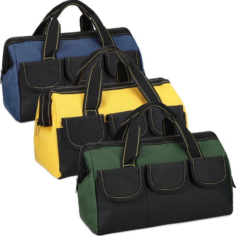 Sanwuta 3 Pack Tool Bag for Men with Waterproof Hard Bottom Heavy Duty Tool Bag Wide Mouth Tote for Various Instrument Electrician Carpenter MechanicBlue Yellow Army Green13 InchClassic - Image 2