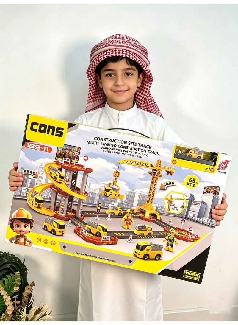 Multi-Level Construction Vehicle Track Playset with Crane - 65 PCS - Educational Engineering Toy for Boys Ages 3+ - Image 1
