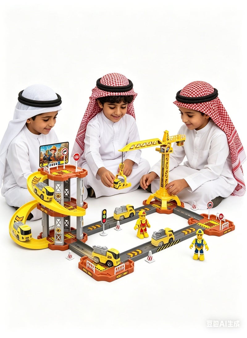 Multi-Level Construction Vehicle Track Playset with Crane - 65 PCS - Educational Engineering Toy for Boys Ages 3+ - Image 2
