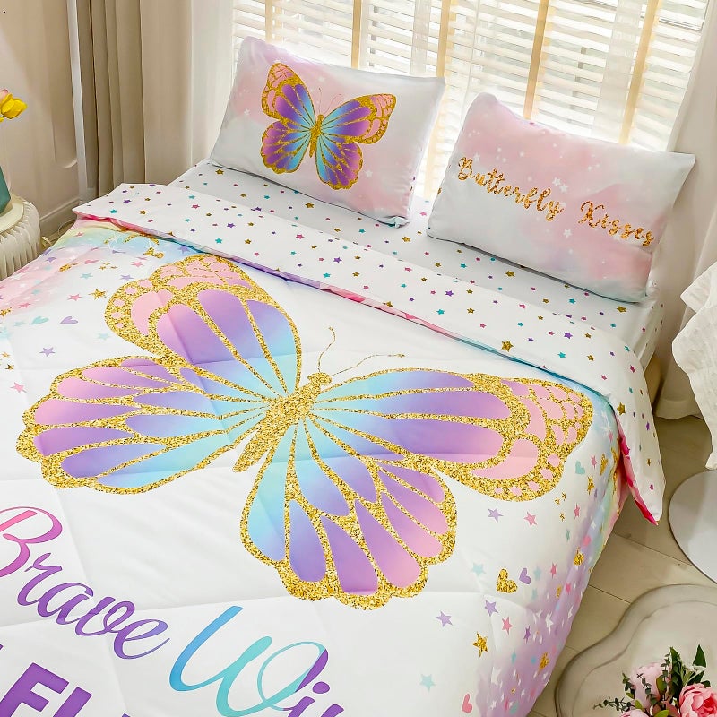 Cokouchyi Twin Size Comforter Set for Girls  5-Piece Bed in a Bag  3D Colorful Butterfly Bedding Comforter Sheet Set  Ultra Soft and Fluffy  Pink & Rainbow Color - Image 2