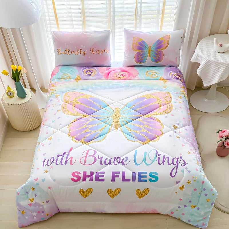 Cokouchyi Twin Size Comforter Set for Girls  5-Piece Bed in a Bag  3D Colorful Butterfly Bedding Comforter Sheet Set  Ultra Soft and Fluffy  Pink & Rainbow Color - Image 5