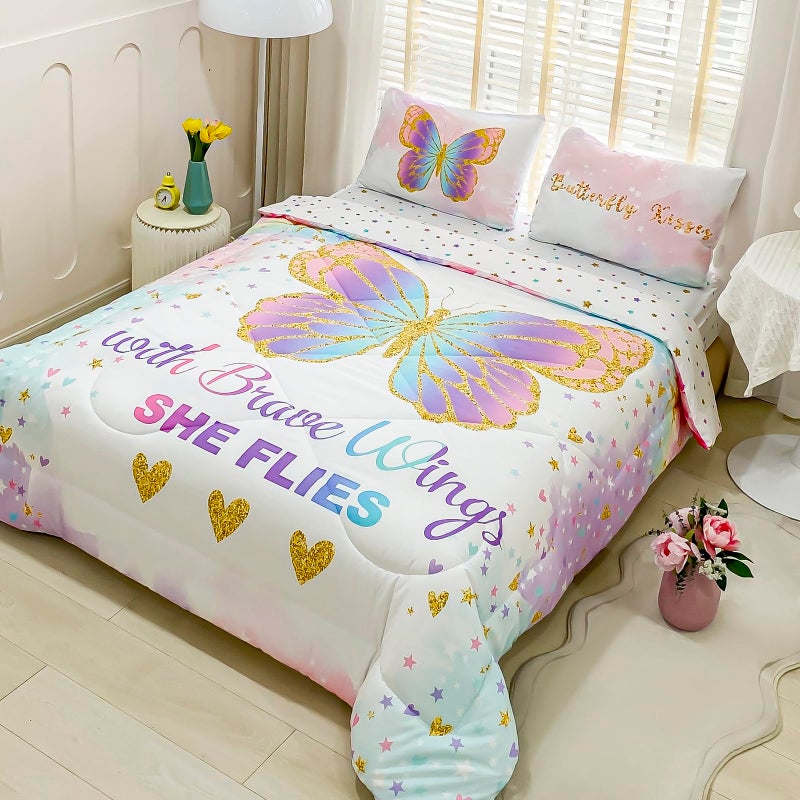 Cokouchyi Twin Size Comforter Set for Girls  5-Piece Bed in a Bag  3D Colorful Butterfly Bedding Comforter Sheet Set  Ultra Soft and Fluffy  Pink & Rainbow Color - Image 3