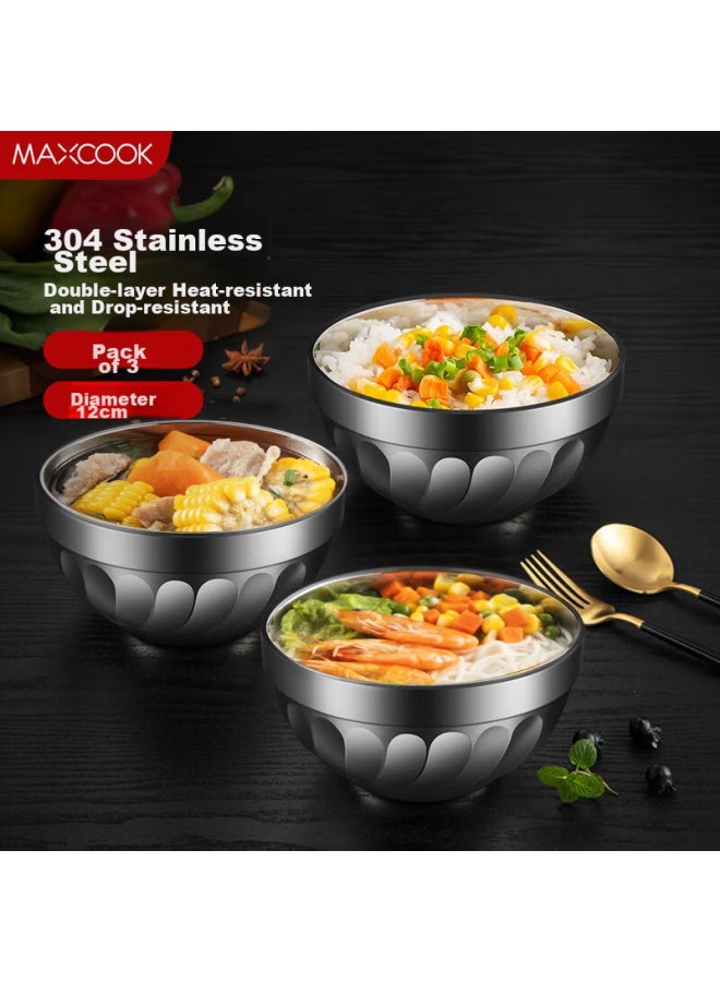 MAX COOK Meichun 304 Stainless Steel Bowl 12cm, Soup Bowl Tableware Noodle Bowl, Double-layer Insulation, Set Of 3 Mccu2784 - Image 1