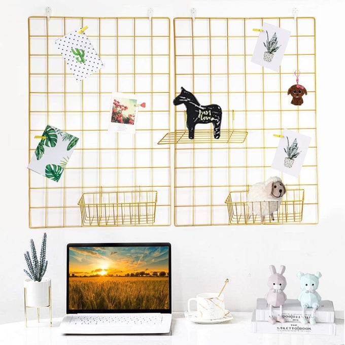 2 PACK LARGE WALL GRID PANELS WITH LIGHT AND CLIPS PHOTO DISPLAY BOARD PICTURE FRAME COLLAGE BOARD WIRE GRID WALL PANEL ROOM DECORATIONDARK GOLD