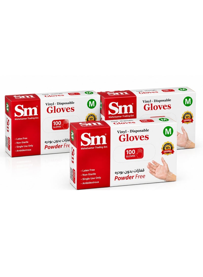 SM 3 Boxes Clear Vinyl Disposable Gloves, Powder-Free, 100 Gloves per Box (300 Gloves Total), Size M, Latex-Free, Single Use for Medical, Food Handling & Household Use - Image 1