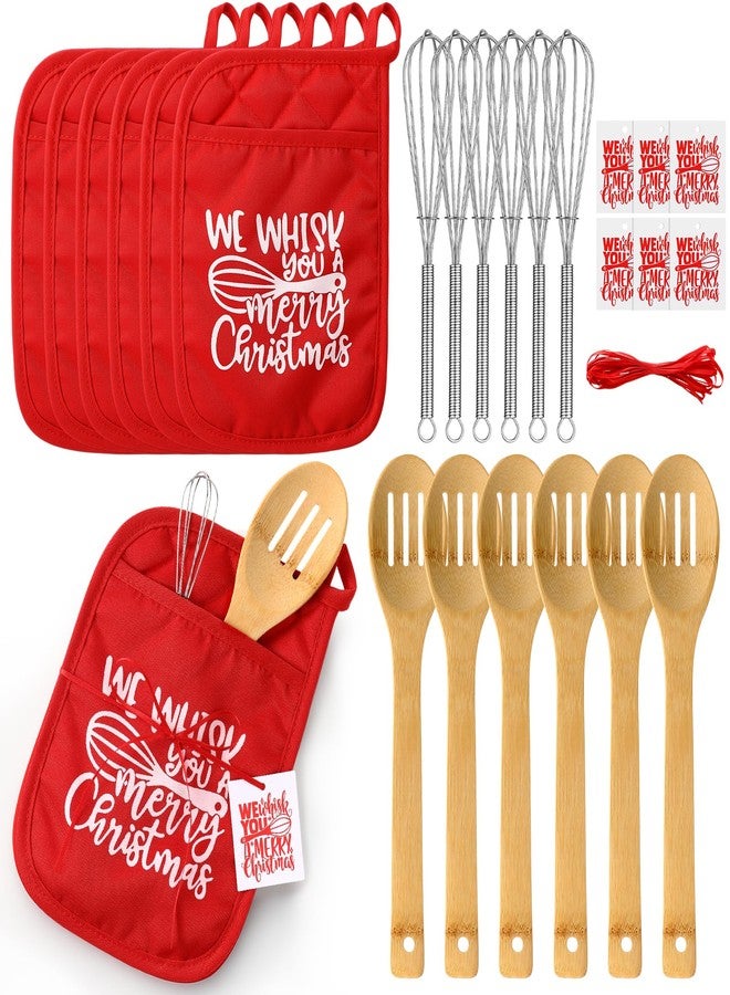 Funnymoom مجموعة هدايا مطبخ عيد الميلاد من Funnymoom، 6 قطع، تتضمن حاملات أواني مقاومة، وملاعق خفق، وشريط، ومستلزمات الطبخ والخبز، باللون الأحمر. - Image 1