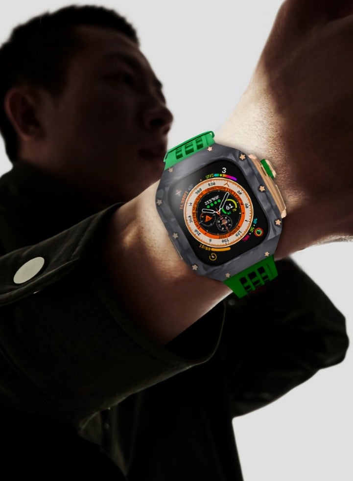 AROAQ Carbon Fiber Case for Apple Watch 49mm Fluororubber Band Metal Bezel Ultra Titanium Alloy Integrated Protective Case Carbon Shell Silver Titanium Frame Strap - Image 4