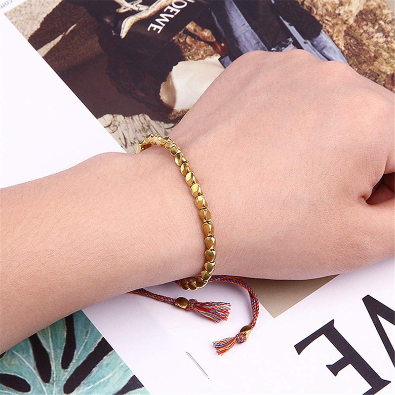 NQ N/Q 3 Pcs Handmade Tibetan Copper Beads Bracelet for Women Men Adjustable Colorful Braided Cotton Lucky Amulet Rope Beaded Bracelet Fashion Unisex Jewelry -A rainbow - Image 5